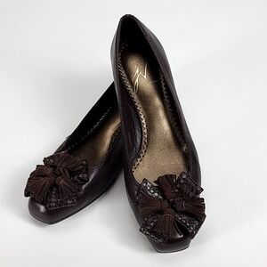 J. Vincent Brown Leather Tassel Bow Square Toe Low Wedge Ballet Flats Size 6.5M